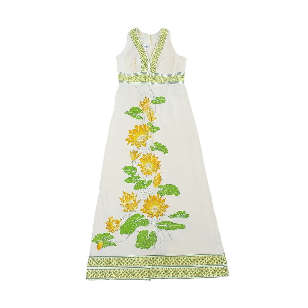 Alfred Shaheen Dress Zip Back Pastel Yellow Floral Sz 11-12? Vintage 1960-70s